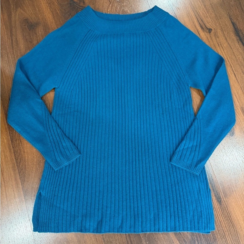 Soft Surroundings women's long Sweater Size M Teal Blue 100% Cashmere Pullover